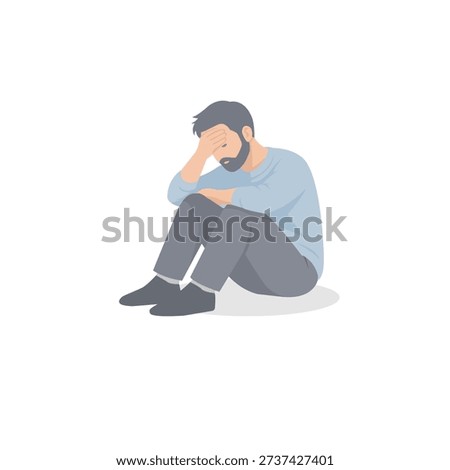 Sad Depressed Man Sitting on Floor, Mental Health and Emotional Stress Flat Illustration
