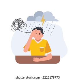 Sad depressed man with stress problem, depressed male character holding his head and sitting under rain alone. Vector illustration.