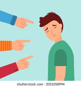 Sad or depressed man surrounded by hands with index fingers. Accusation guilty concept vector in flat design. Public blame.