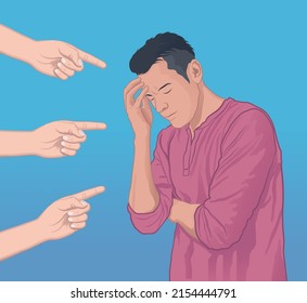 Sad and depressed man surrounded by hands with index fingers pointing at him vector illustration.