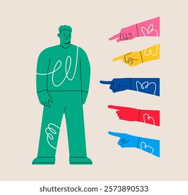 Sad or depressed man surrounded by hands with index fingers pointing at his. Condemnation and bullying concept. Colorful vector illustration
