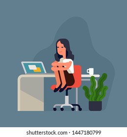 Sad depressed office worker woman at her workplace sitting on chair holding her knees. Flat design vector concept illustration on burnout and lack of motivation at work