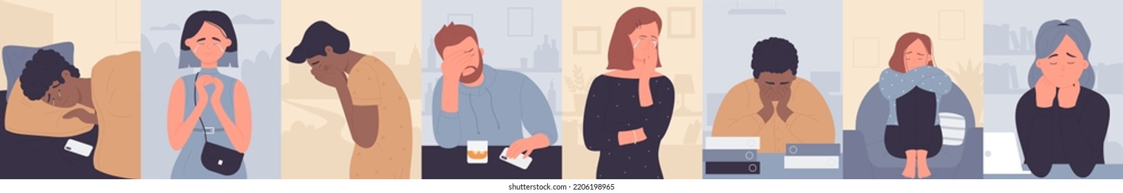 Sad depressed people set vector illustration. Cartoon lonely man and woman suffering from grief, loneliness and pain, boy and girl teen crying background. Stress, anguish, mental problem concept