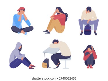 Sad depressed people. Unhappy young girl guy sitting sadness and despair, expression loneliness pain problems concern for future tired problems. Vector color clipart.