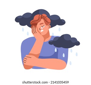 Sad depressed person crying. Depression and mental disorder, psychology concept. Unhappy man with rain and clouds. Gloomy mood and despair. Flat vector illustration isolated on white background