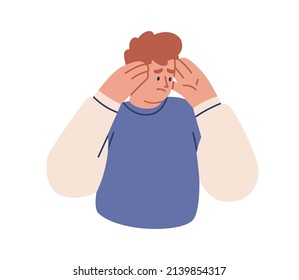 Sad depressed person grabbing head after fail. Upset disappointed troubled man with confused frustrated face expression. Disappointment emotion. Flat vector illustration isolated on white background