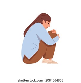 Sad depressed person in grief and despair. Unhappy upset woman in depression and frustration, sitting and hugging knees. Melancholy concept. Flat vector illustration isolated on white background