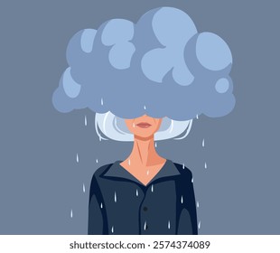 
Sad and Depressed Senior Woman Vector Illustration. Stressed unhappy elderly lady feeling under negative state of mind 
