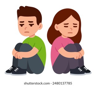Sad depressed teenage boy and girl sitting on the floor hugging knees. Simple flat cartoon drawing. Mental health vector clip art illustration.
