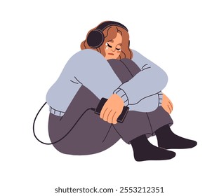 Triste adolescente deprimido em fones de ouvido, ouvindo música em humor melancólico. Adolescente chorando, sofrendo de problemas na adolescência, depressão. Ilustração de vetor plano isolada no plano de fundo branco