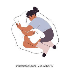 Sad depressed teenager lying on bed, hugging pillow. Anxious teen girl curled up, despair and melancholy emotion. Loneliness, depression concept. Flat vector illustration isolated on white background