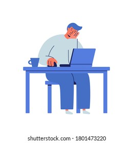 Sad, depressed and tired businessman working on the computer. Man sitting in front of the laptop his hand propping up head. Frustrated person doesn't want to work. Bored look. Wasting time concept
