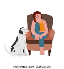 Sad Depressed Tired Woman With A Dog. Sad Girl With A Puppy. Mental Health. Self-love. Sitting Bored Angry Woman With Pet. Black And White Dog. Stock Vector Illustration Isolated On White Background.
