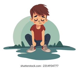 
A sad, depressed unhappy boy sits on the floor. Flat vector illustration.