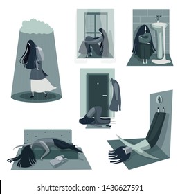 Sad, depressed, unhappy  girl in different poses. Mental health problems and treatment of depression psychological help. Vector illustration in cartoon style