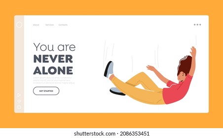 Sad Depressed Unhappy Girl Fall Landing Page Template. Lonely Person in Despair. Alone Female Character, Scared Woman with Mental Problems or Broken Heart Falling Down. Cartoon Vector Illustration