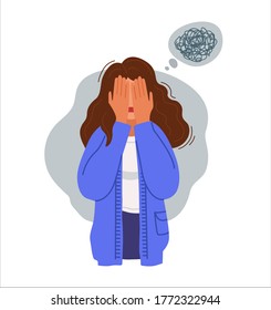 Sad depressed upset woman covering her face with hands. Unhappy girl with bewildered thoughts and messy hair. Stressed person. Vector hand-drawn character.