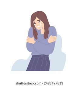 Sad depressed woman is crying and embracing her self isolated on white background. Concept of grief, sadness, mental breakdown, sorrow, emotion, feeling, mental health, tear, depression. Flat vector.