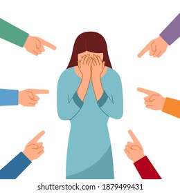 Sad or depressed woman crying and surrounded by hands with index fingers. Accusation guilty concept vector in flat design. Public blame.