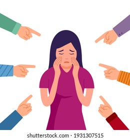 Sad or depressed woman crying and surrounded by hands with index fingers. Accusation guilty concept vector in flat design. Public blame.	
