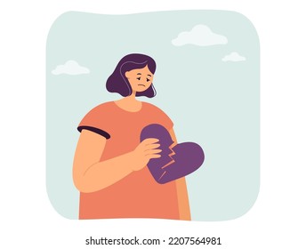 Sad depressed woman holding broken heart. Heartbreak and sorrow of lonely person flat vector illustration. Love rejection, relationship, hurt concept for banner, website design or landing web page