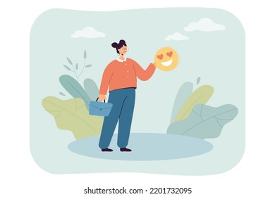 Sad Depressed Woman Holding Emoticon With Smile And Hearts. Tiny Woman In Need Help Flat Vector Illustration. Depression, Bad Emotions, Mood Concept For Banner, Website Design Or Landing Web Page