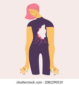 Sad and depressed woman with hole in heart. Vector concept illustration about loss and deprivation