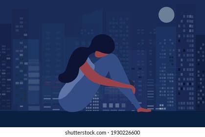 Sad and depressed woman hug her knee sitting on loop top buildings vector illustration. Unhappy and stressed, psychology, mental health , depression, stress concept
