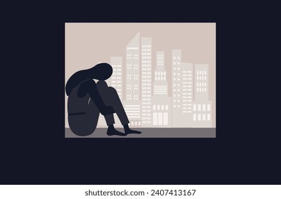 Mujer triste y deprimida abrazando su rodilla sentada en la ventana. Infeliz y estresada, psicología, depresión, estrés, salud mental... y la soledad como ilustración vectorial.