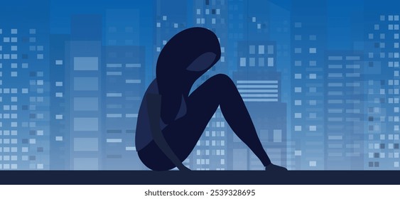 Sad and depressed woman hug her knee sitting on window.Unhappy and stressed, psychology, depression, stress, mental healtlh.and loneliness vector illustration.