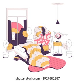 Sad and depressed woman with insomnia unable to wake up in the morning. Vector concept character in bedroom interior drawn with pink and yellow with alarm clock ringing