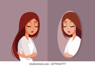 
Sad Depressed Woman looking in the Mirror Feeling Anxious Vector Illustration. Unhappy woman suffering from depression and low self esteem problems
