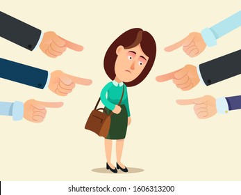 Sad, depressed woman, many hands pointing a finger at her. Social harassment and blaming concept. Accusation and boycott, make fun of woman. Vector illustration, flat design, cartoon style, isolated.