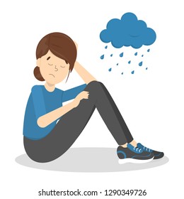 Sad depressed woman with rainy cloud above as a metaphor of bad mood. Unlucky girl with desperate emotion on face. Isolated flat vector illustration