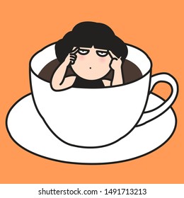 Sad And Depressed Woman Sitting In Coffee Cup Or Mug. Concept Of Caffeine Addiction And Stress Mood Card Character illustration