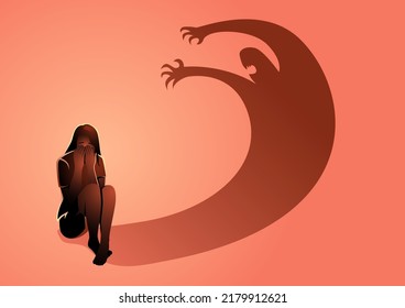 Sad depressed woman sitting on the floor frightened by his own shadow, depression, mental health issue, vector illustration
