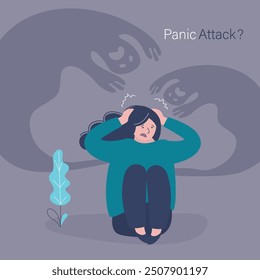 Sad depressed woman sitting on the floor frightened by his own shadow, depression, mental health issues. Unhappy girl experiences panic attack or suffers from hallucinations. flat vector illustration