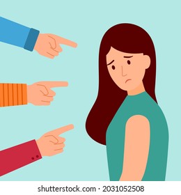 Sad or depressed woman surrounded by hands with index fingers. Accusation guilty concept vector in flat design. Public blame.