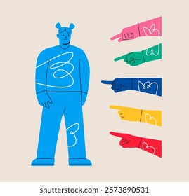 Sad or depressed woman surrounded by hands with index fingers pointing at her. Condemnation and bullying concept. Colorful vector illustration
