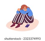 Sad depressed woman in tears, weeping, sobbing in despair. Upset frustrated tearful person in bad mood with mobile phone, waiting for call. Flat vector illustration isolated on white background