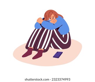 Sad depressed woman in tears, weeping, sobbing in despair. Upset frustrated tearful person in bad mood with mobile phone, waiting for call. Flat vector illustration isolated on white background