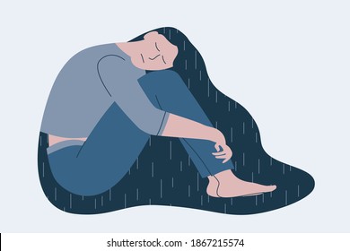 Sad or depressed woman or teenager girl. Unhappy sitting girl. Women's hair as rain. Frustrated or confused teenager hugging knees. Depression concept. Vector illustration