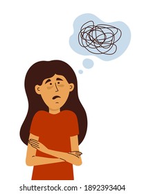 Sad depressed woman with tired face and confused thoughts. Girl with scared look shrugging self hugging. Mental health issues, depressive disorder, anxiety, stress. Female problem. Vector illustration