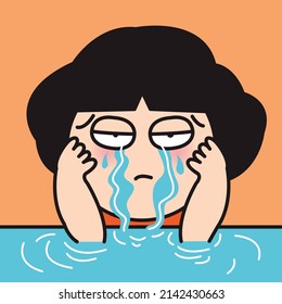 Sad Depressed Young Adult Woman Crying Alone At Table With Flood Of Tears Concept Card Character illustration