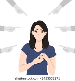 Sad or depressed young asian woman surrounded by hands with index fingers pointing at her. Flat vector illustration isolated on white background