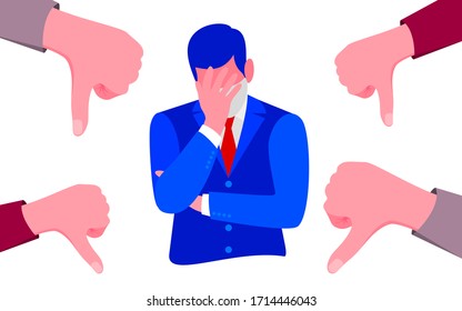 Sad or depressed young bussinesman surrounded by hands with thumbs donw. Concept of quilt, accusation, public censure and victim blaming. Flat cartoon colorful vector illustration.