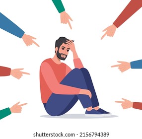 Sad or depressed young man surrounded by hands with index fingers pointing at him. Concept of quilt, accusation, public censure and victim blaming. Flat vector illustration