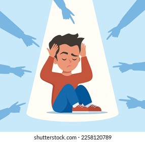 Sad or depressed young man surrounded by hands with index fingers pointing at him. Concept of quilt, accusation, public censure and victim blaming. Flat vector illustration