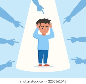 Sad or depressed young man surrounded by hands with index fingers pointing at him. Concept of quilt, accusation, public censure and victim blaming. Flat vector illustration