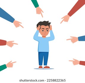 Sad or depressed young man surrounded by hands with index fingers pointing at him. Concept of quilt, accusation, public censure and victim blaming. Flat vector illustration